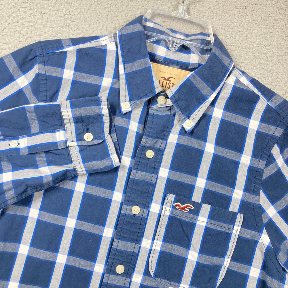 Hollister Mens Button Down Shirt Mens Medium Blue White‎ Plaid Long Sleeve
